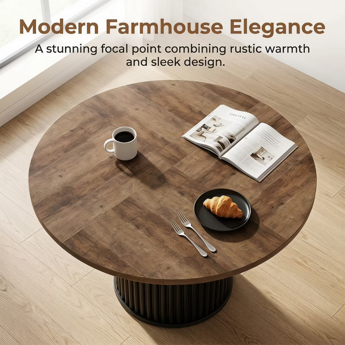 Round Dining Table for 6 | Rustic Walnut Top & Fluted Metal Pedestal