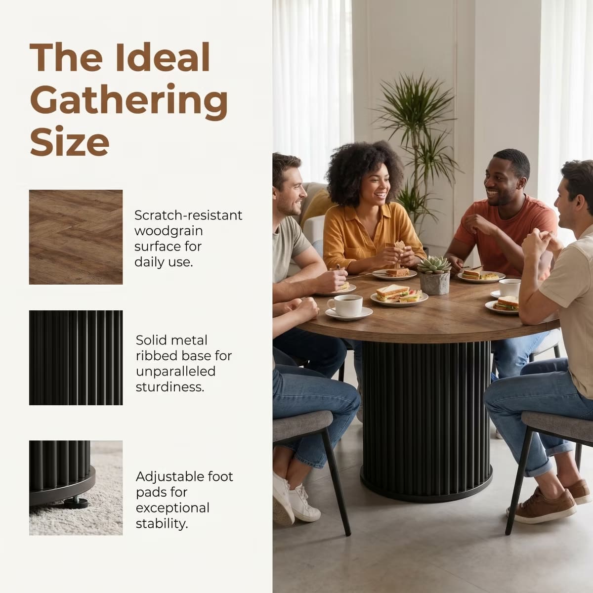 Round Dining Table for 6 | Rustic Walnut Top & Fluted Metal Pedestal