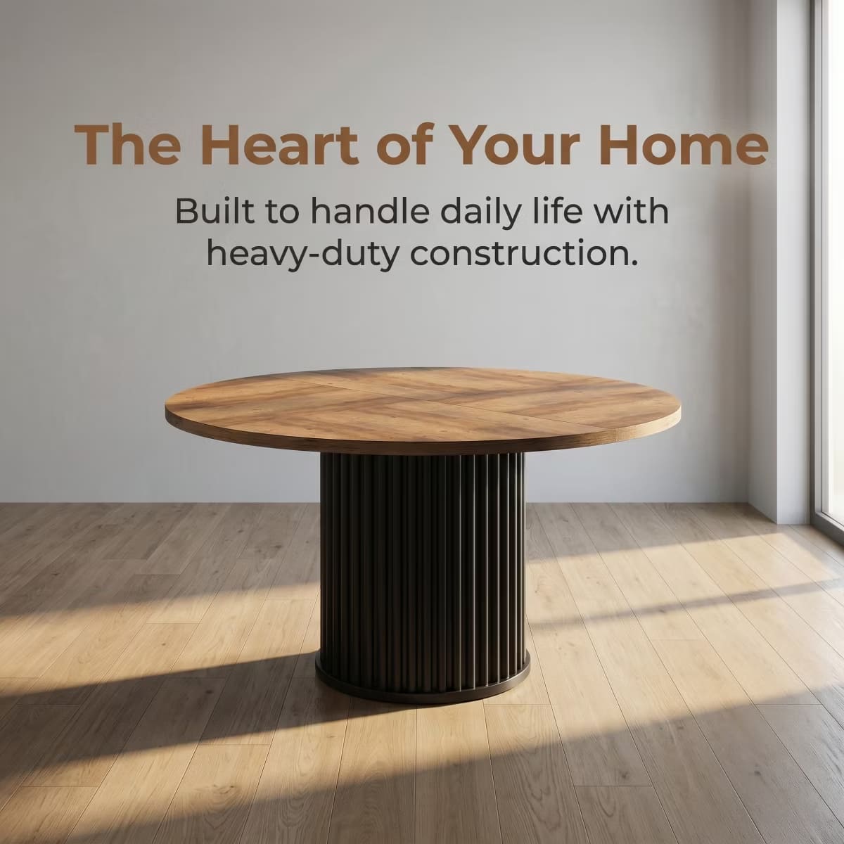Round Dining Table for 6 | Rustic Walnut Top & Fluted Metal Pedestal