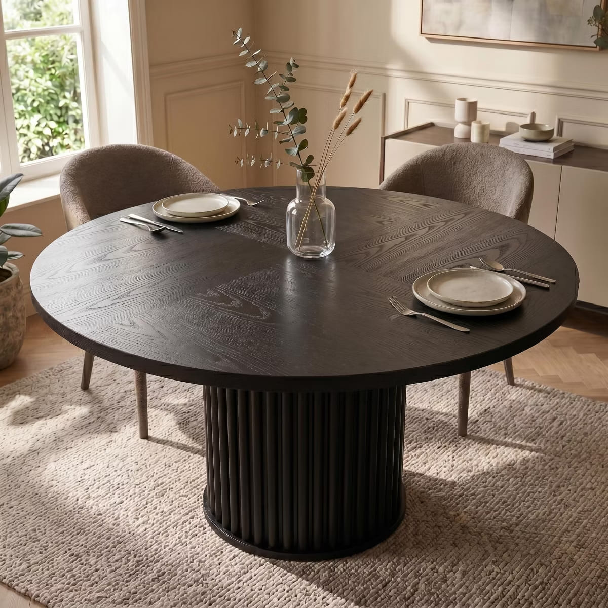 Round Dining Table for 6 | Rustic Walnut Top & Fluted Metal Pedestal
