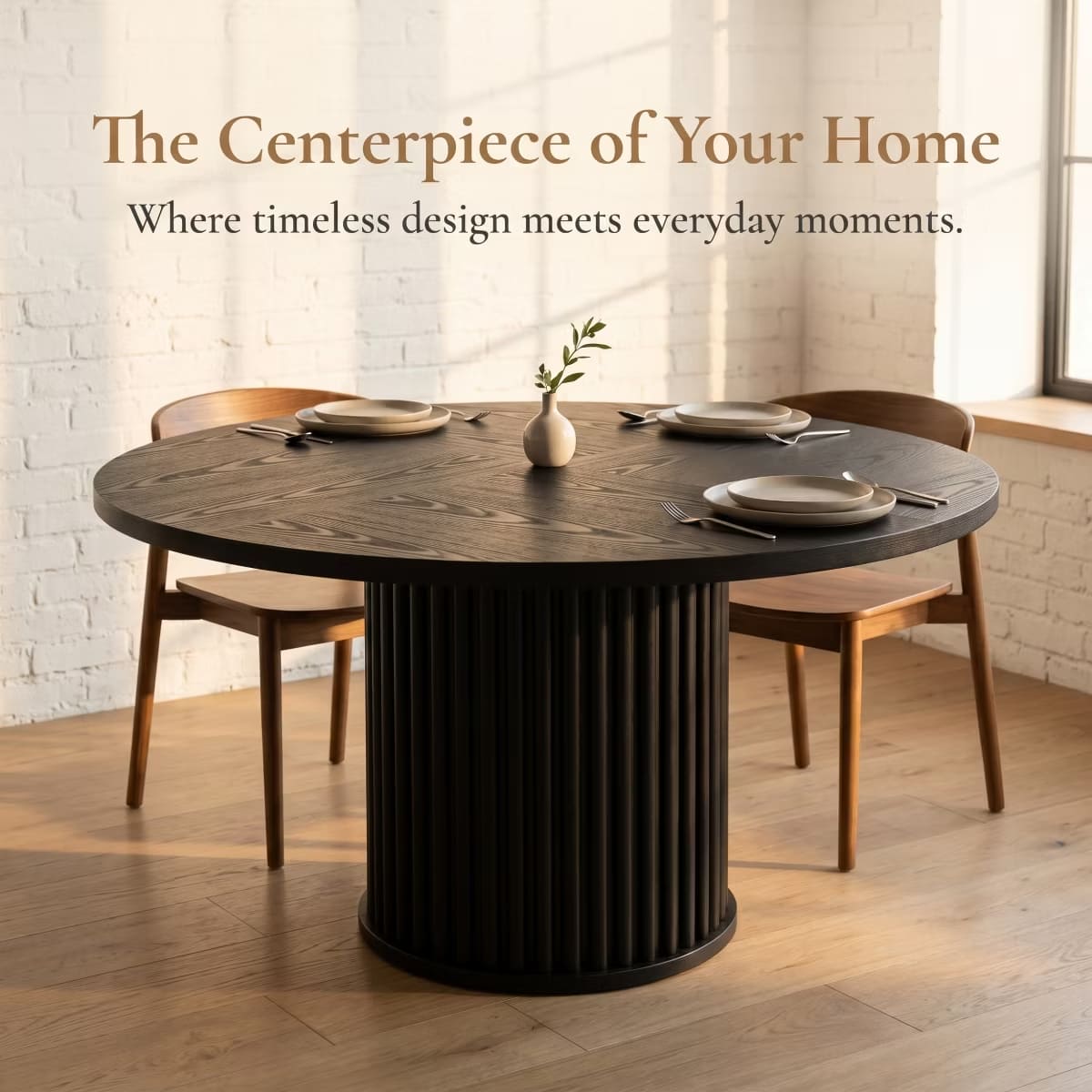 Round Dining Table for 6 | Rustic Walnut Top & Fluted Metal Pedestal