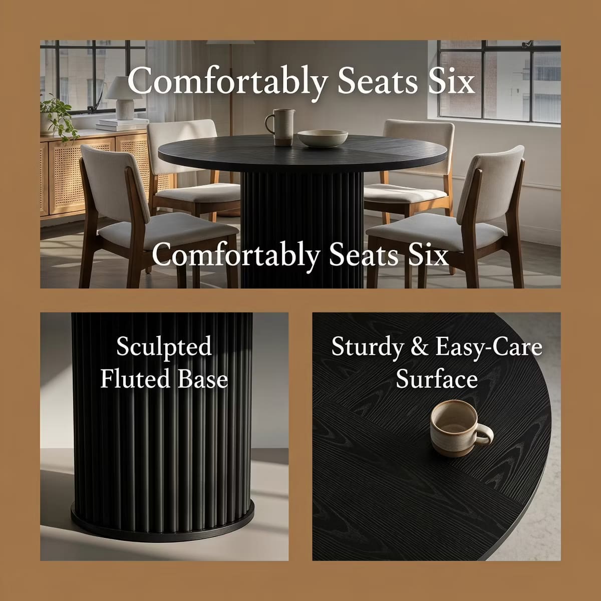 Round Dining Table for 6 | Rustic Walnut Top & Fluted Metal Pedestal