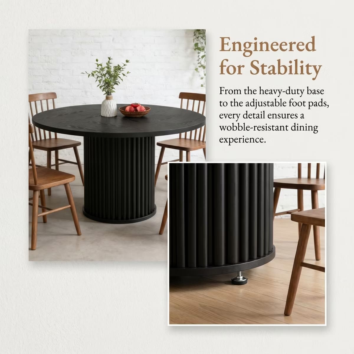 Round Dining Table for 6 | Rustic Walnut Top & Fluted Metal Pedestal