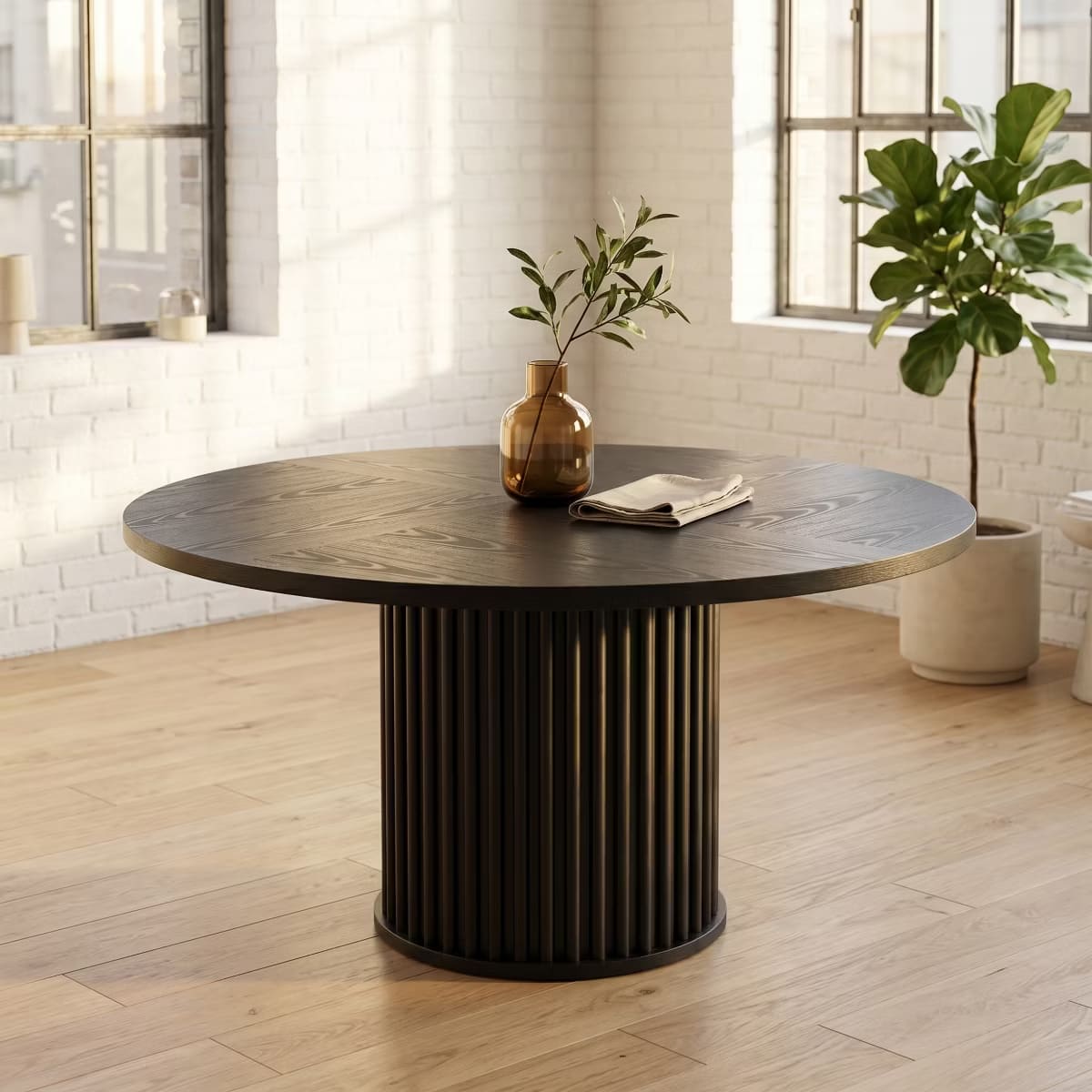Round Dining Table for 6 | Rustic Walnut Top & Fluted Metal Pedestal