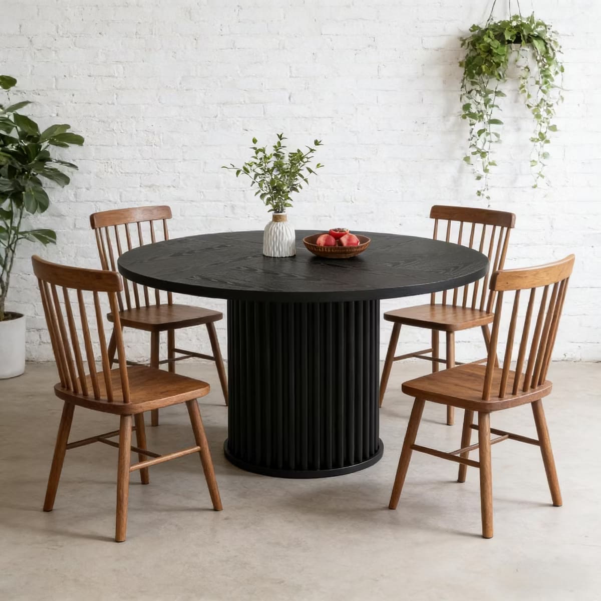 Round Dining Table for 6 | Rustic Walnut Top & Fluted Metal Pedestal