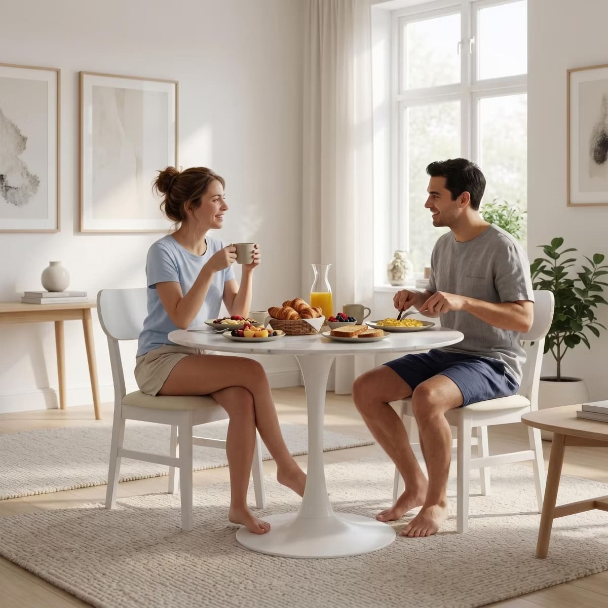 Dining Chairs Set of 2 – White PU Leather with Solid Rubberwood Legs
