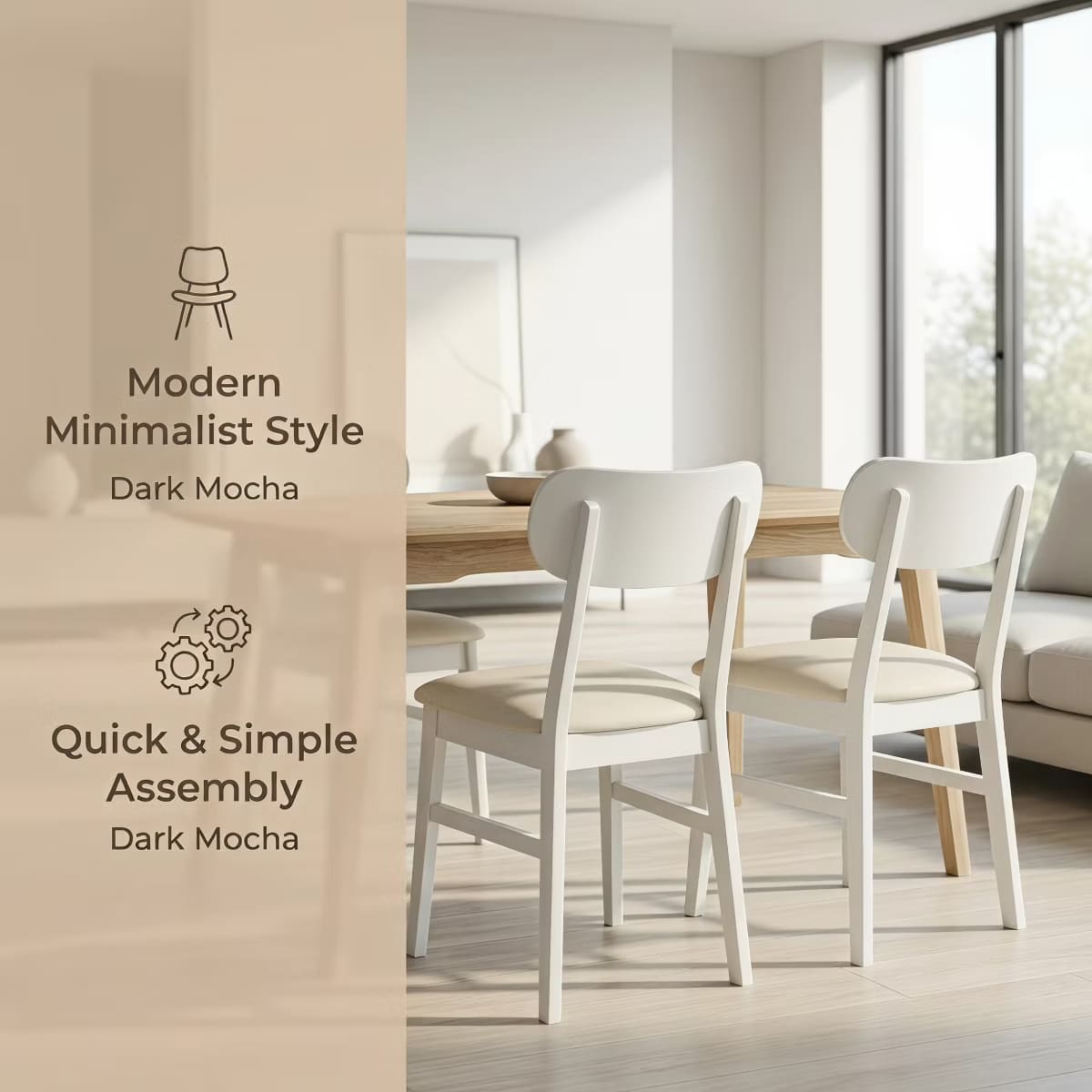 Dining Chairs Set of 2 – White PU Leather with Solid Rubberwood Legs