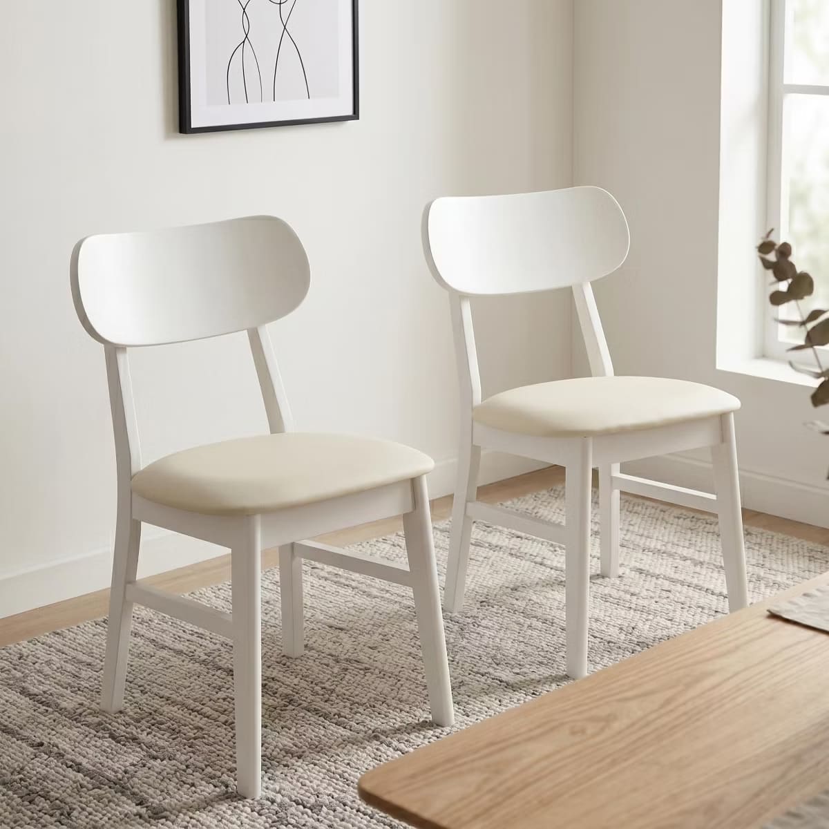 Dining Chairs Set of 2 – White PU Leather with Solid Rubberwood Legs