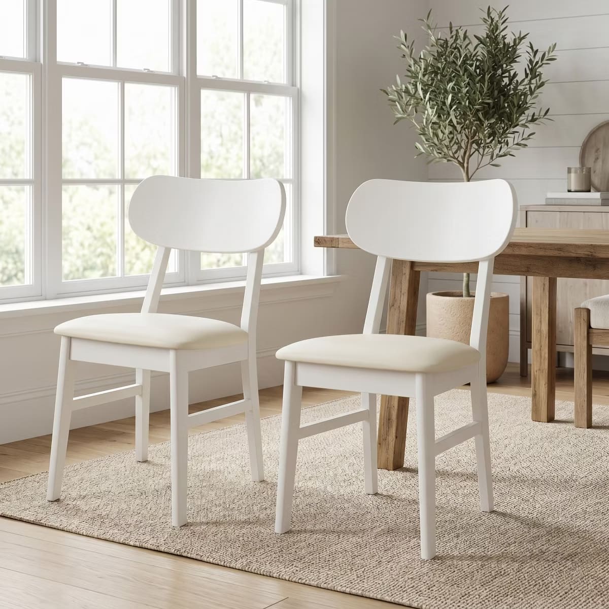 Dining Chairs Set of 2 – White PU Leather with Solid Rubberwood Legs