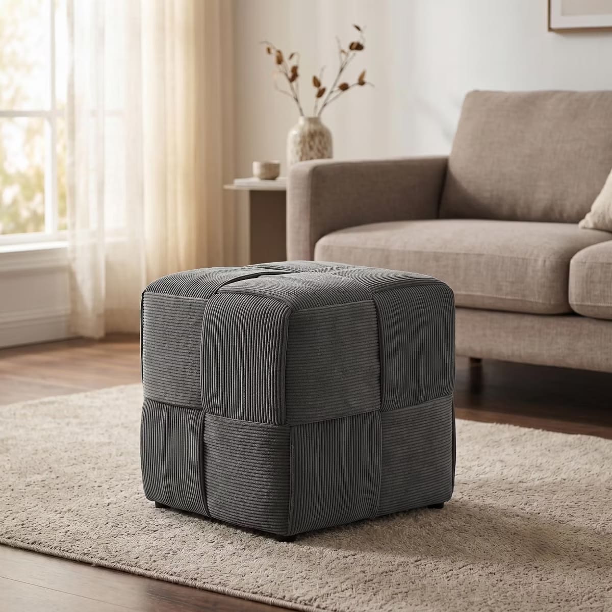 Square Ottoman Footrest – Soft Corduroy Woven Accent Stool for Home