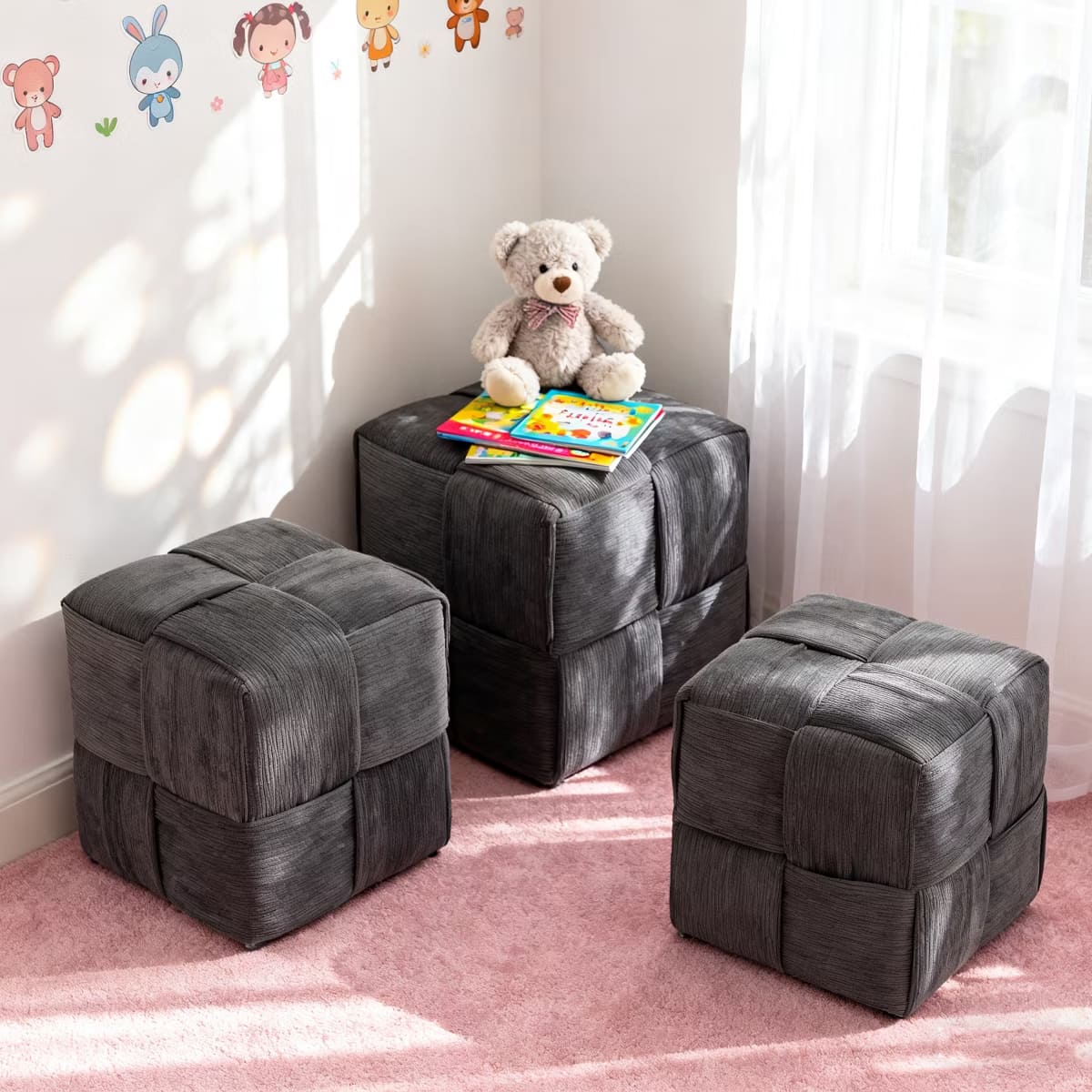 Square Ottoman Footrest – Soft Corduroy Woven Accent Stool for Home
