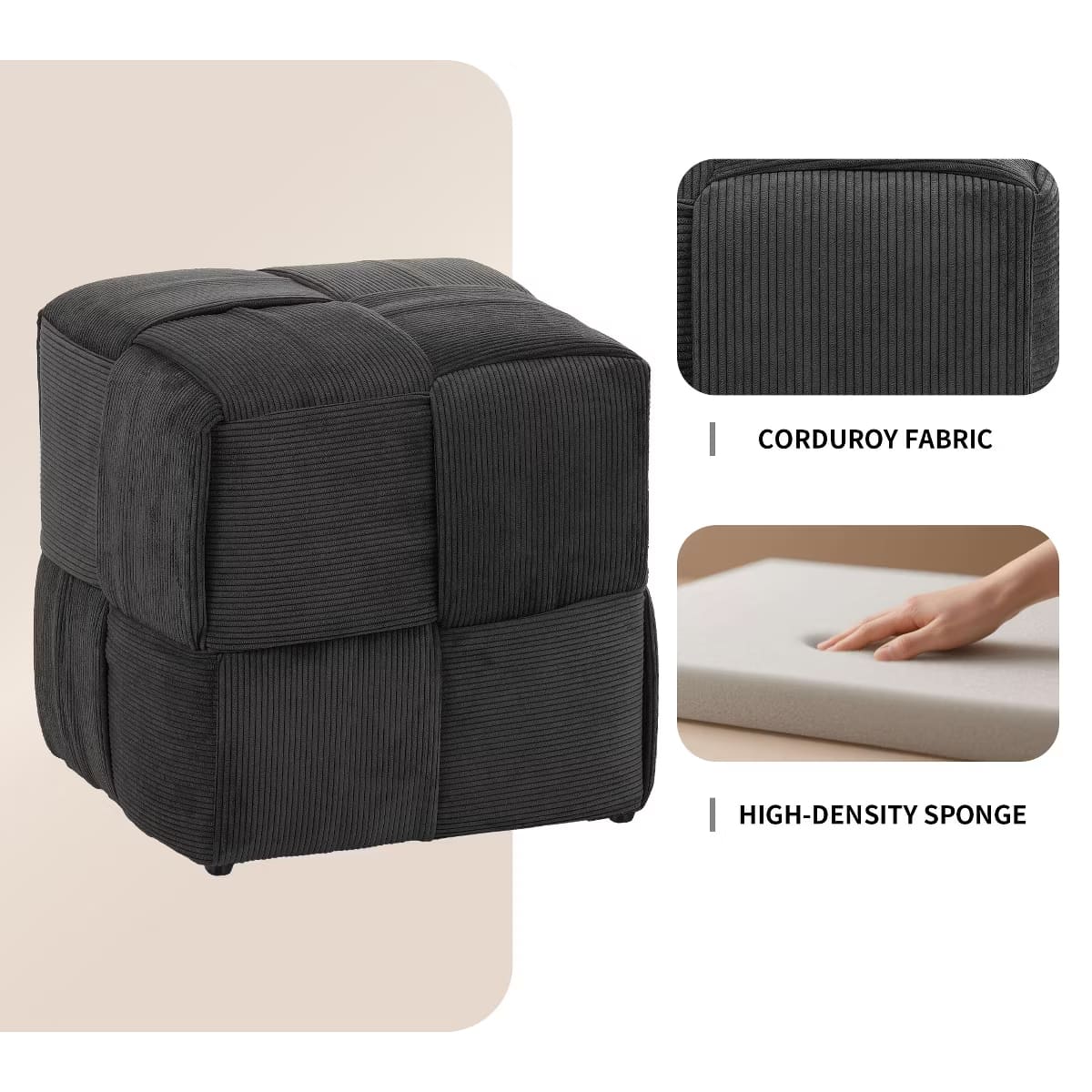Square Ottoman Footrest – Soft Corduroy Woven Accent Stool for Home