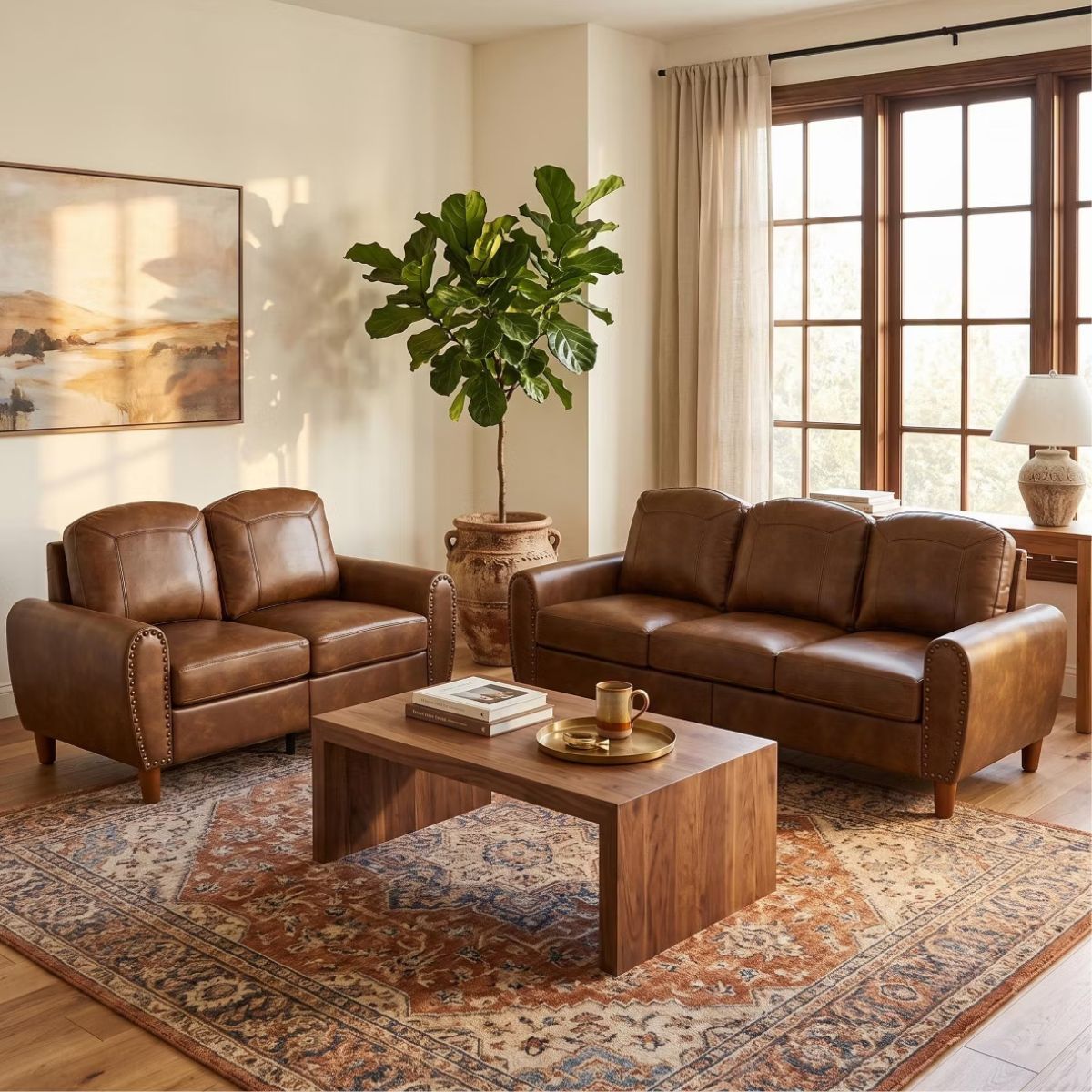Faux Leather Sofa Set with Sofa & Loveseat, Rolled Arms and Nailhead Trim