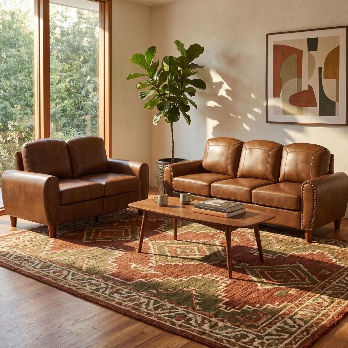 Faux Leather Sofa Set with Sofa & Loveseat, Rolled Arms and Nailhead Trim