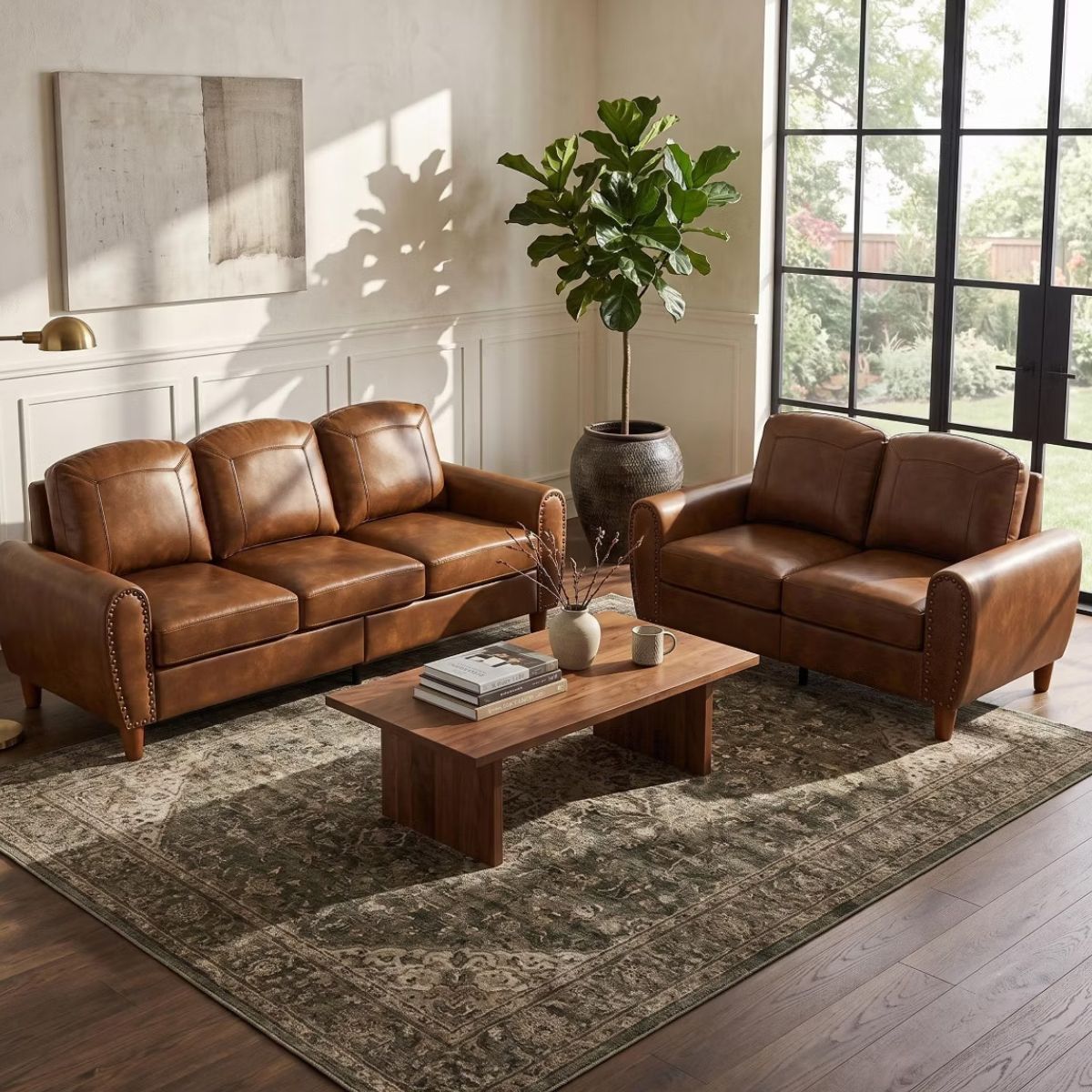 Faux Leather Sofa Set with Sofa & Loveseat, Rolled Arms and Nailhead Trim