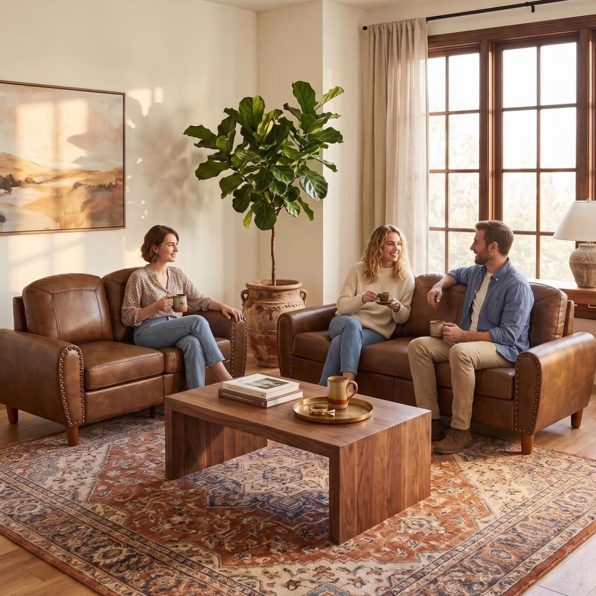 Faux Leather Sofa Set with Sofa & Loveseat, Rolled Arms and Nailhead Trim