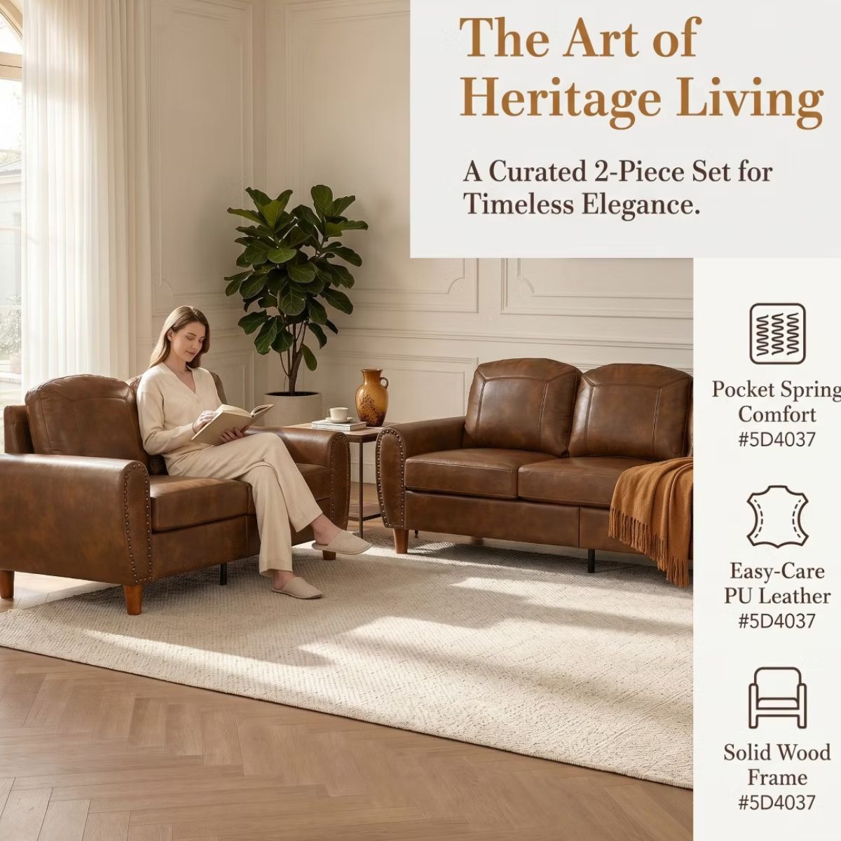 Faux Leather Sofa Set with Sofa & Loveseat, Rolled Arms and Nailhead Trim