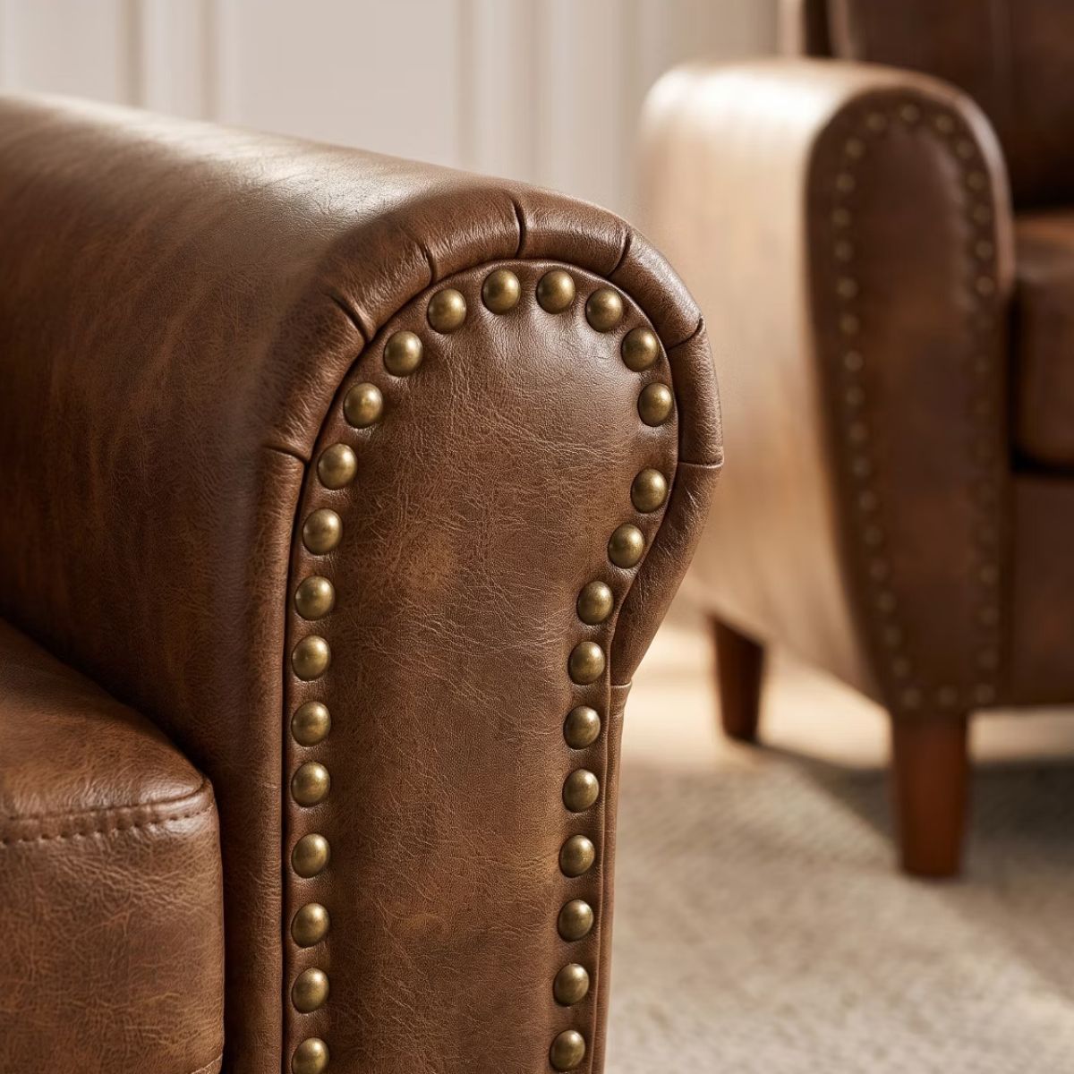Faux Leather Sofa Set with Sofa & Loveseat, Rolled Arms and Nailhead Trim