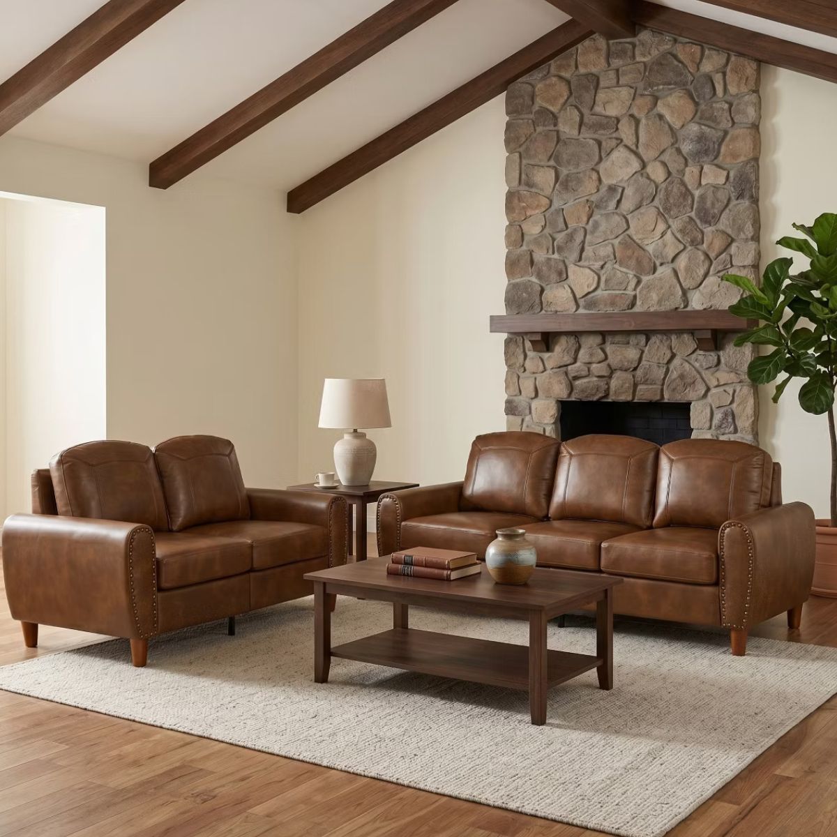 Faux Leather Sofa Set with Sofa & Loveseat, Rolled Arms and Nailhead Trim