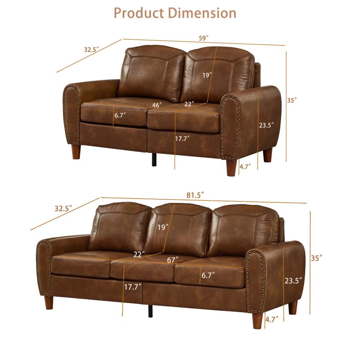 Faux Leather Sofa Set with Sofa & Loveseat, Rolled Arms and Nailhead Trim