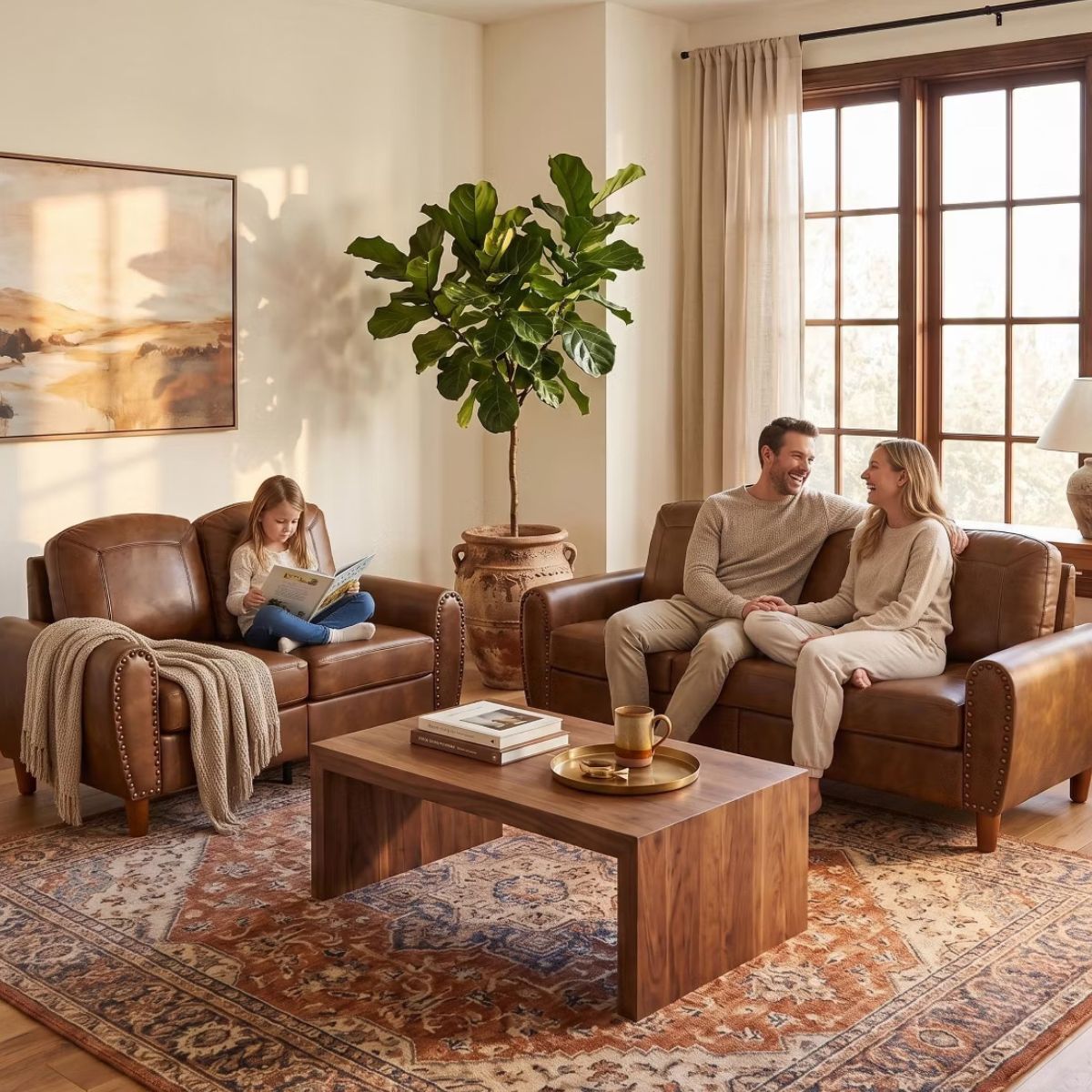 Faux Leather Sofa Set with Sofa & Loveseat, Rolled Arms and Nailhead Trim