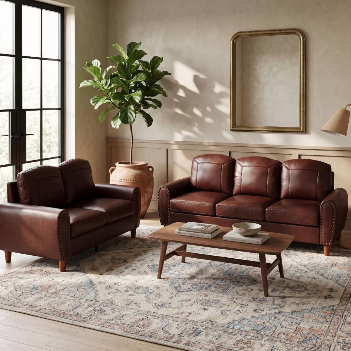 Faux Leather Sofa Set with Sofa & Loveseat, Rolled Arms and Nailhead Trim