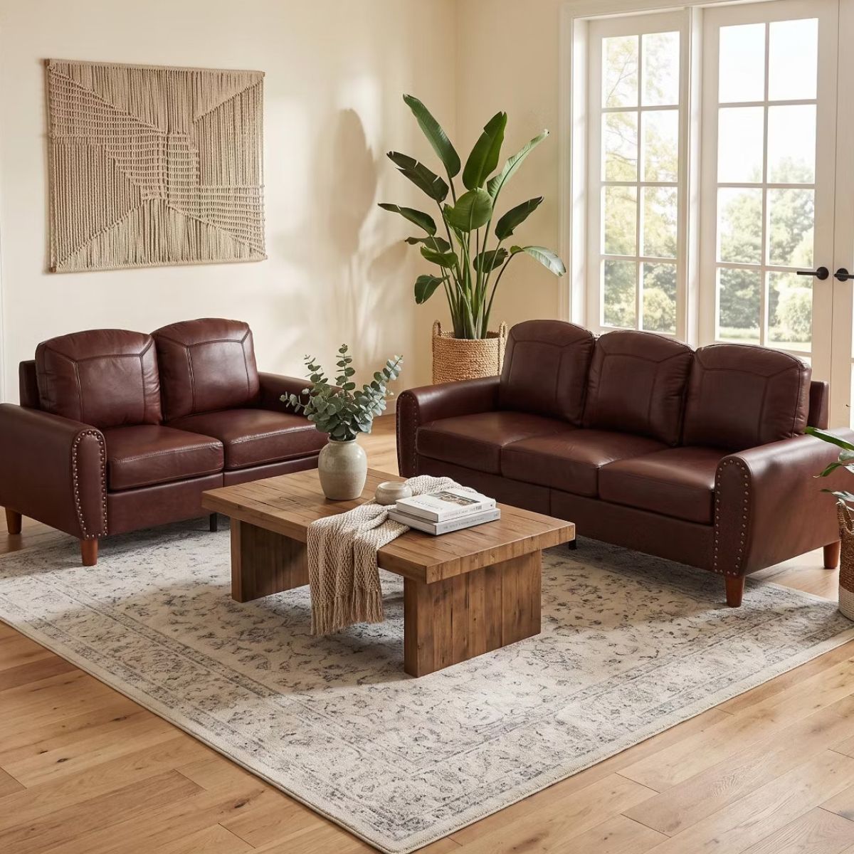 Faux Leather Sofa Set with Sofa & Loveseat, Rolled Arms and Nailhead Trim