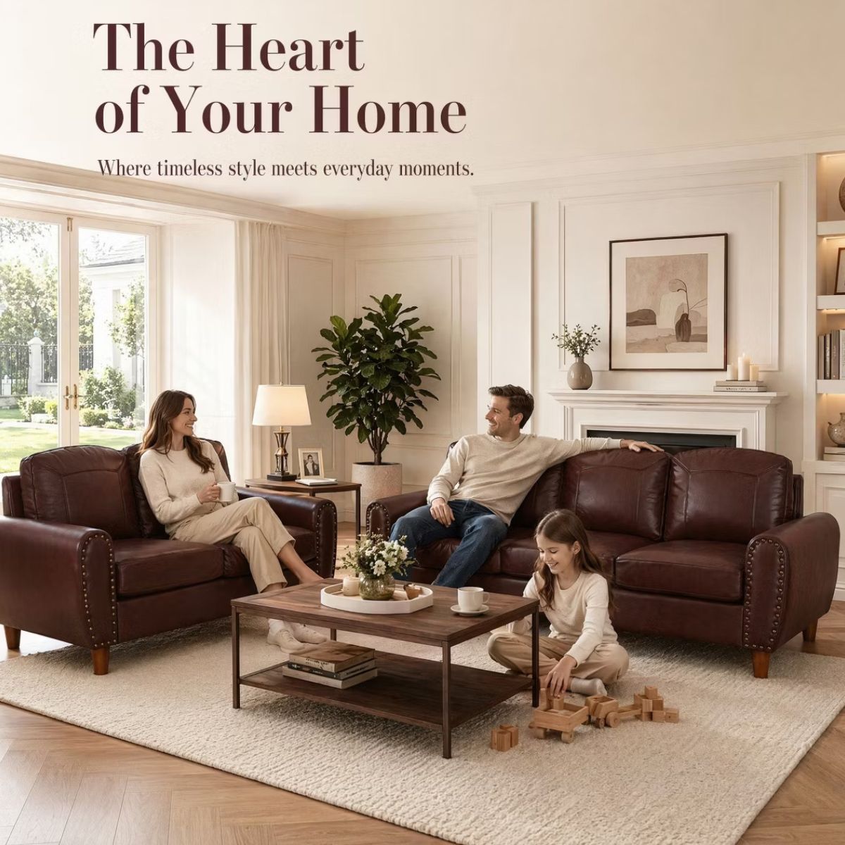 Faux Leather Sofa Set with Sofa & Loveseat, Rolled Arms and Nailhead Trim