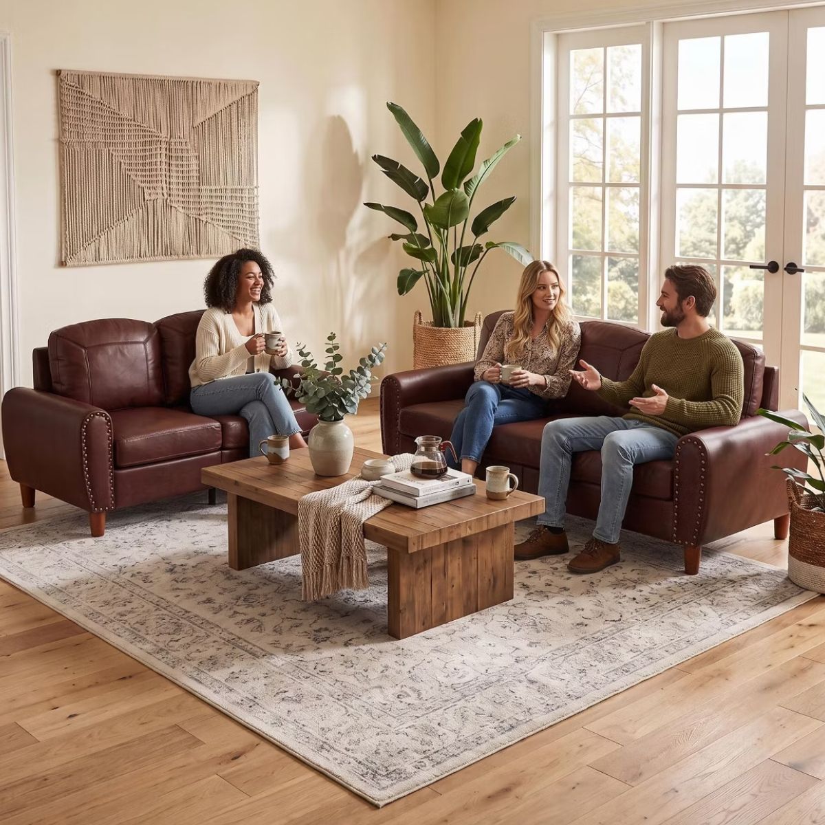 Faux Leather Sofa Set with Sofa & Loveseat, Rolled Arms and Nailhead Trim