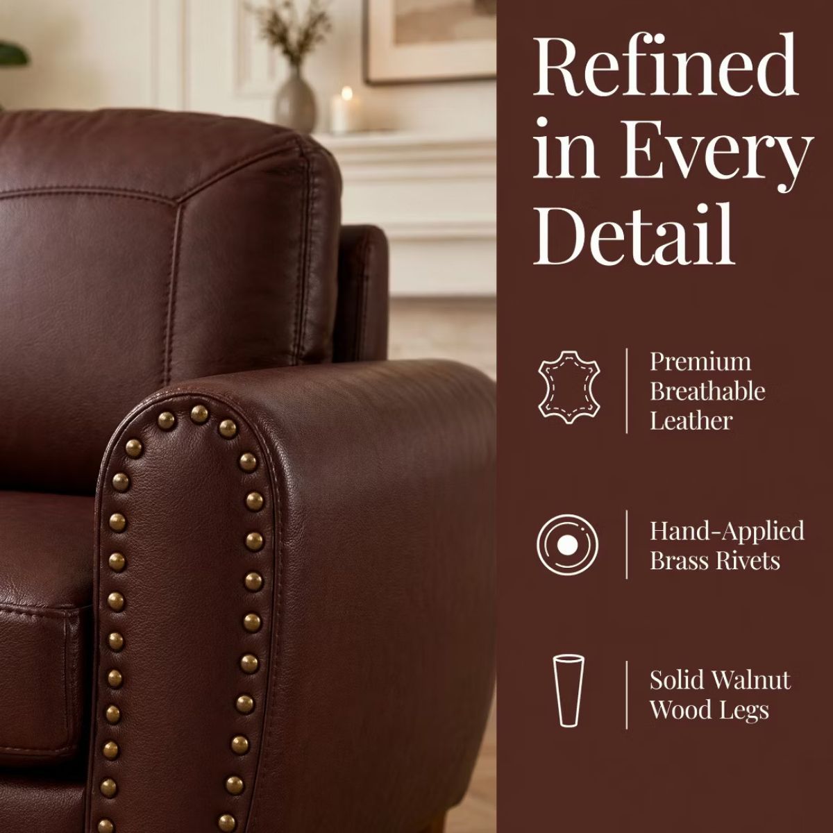 Faux Leather Sofa Set with Sofa & Loveseat, Rolled Arms and Nailhead Trim