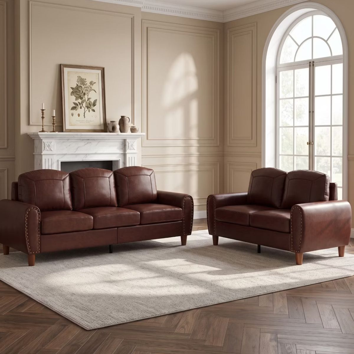 Faux Leather Sofa Set with Sofa & Loveseat, Rolled Arms and Nailhead Trim