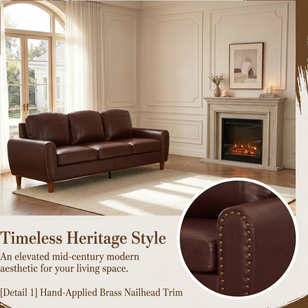 Faux Leather Sofa Set with Sofa & Loveseat, Rolled Arms and Nailhead Trim