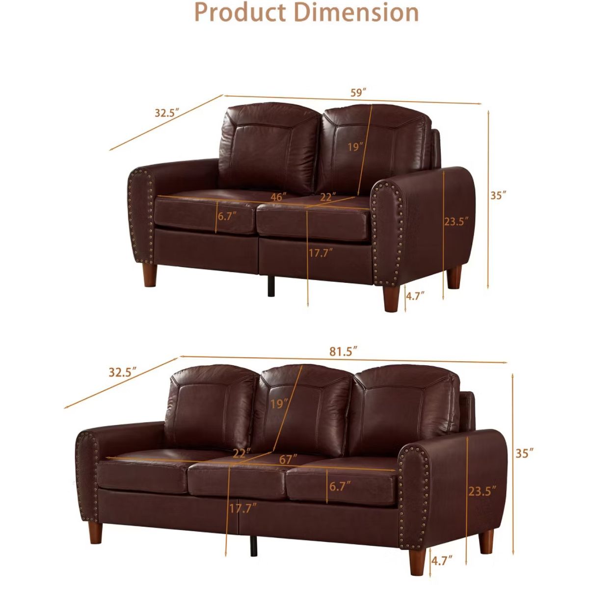 Faux Leather Sofa Set with Sofa & Loveseat, Rolled Arms and Nailhead Trim