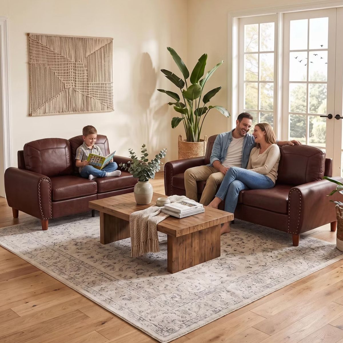 Faux Leather Sofa Set with Sofa & Loveseat, Rolled Arms and Nailhead Trim