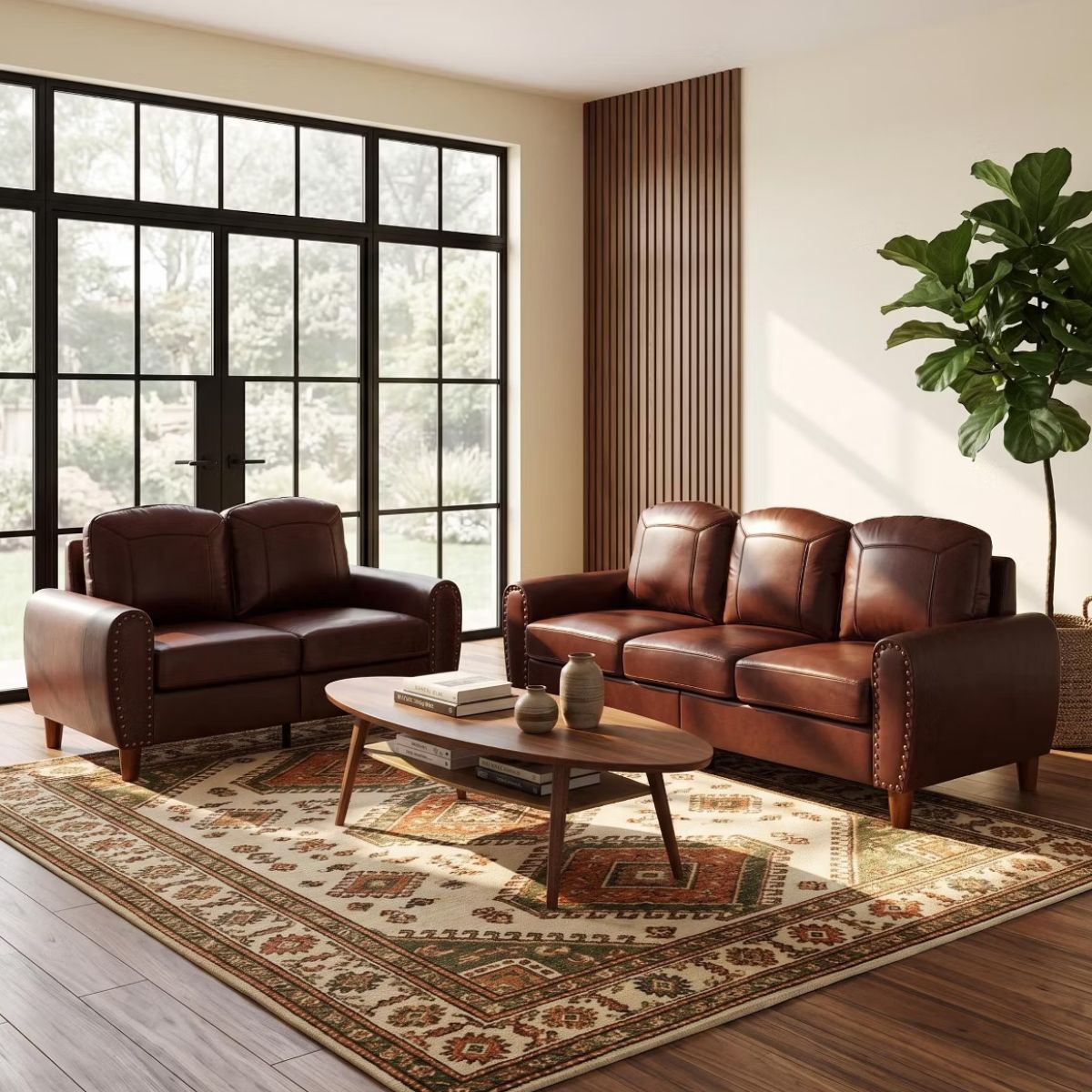Faux Leather Sofa Set with Sofa & Loveseat, Rolled Arms and Nailhead Trim