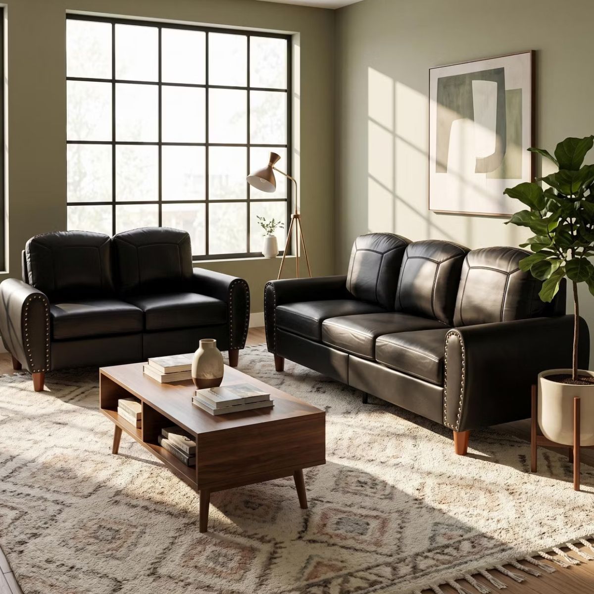 Faux Leather Sofa Set with Sofa & Loveseat, Rolled Arms and Nailhead Trim