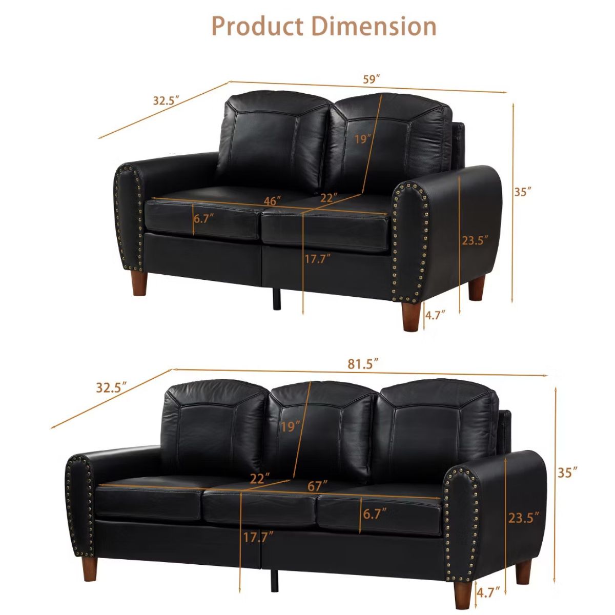 Faux Leather Sofa Set with Sofa & Loveseat, Rolled Arms and Nailhead Trim