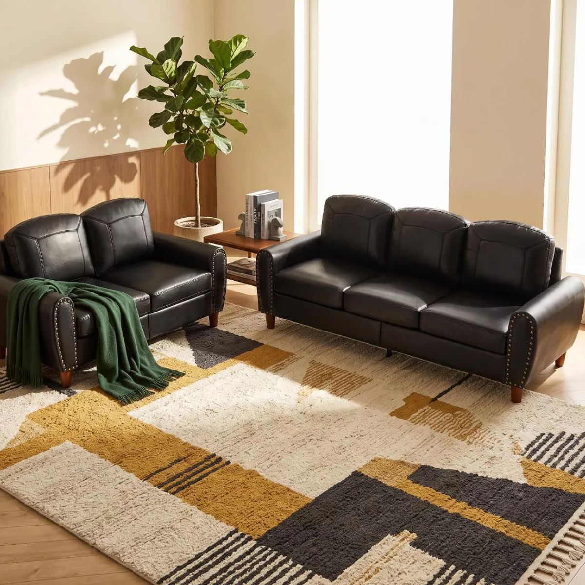 Faux Leather Sofa Set with Sofa & Loveseat, Rolled Arms and Nailhead Trim