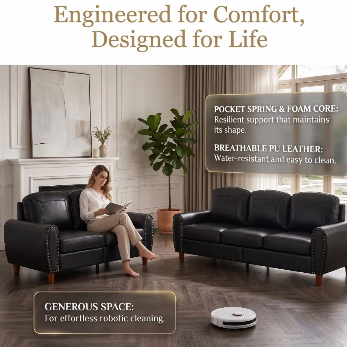 Faux Leather Sofa Set with Sofa & Loveseat, Rolled Arms and Nailhead Trim