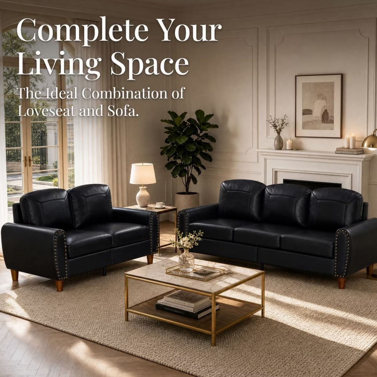 Faux Leather Sofa Set with Sofa & Loveseat, Rolled Arms and Nailhead Trim