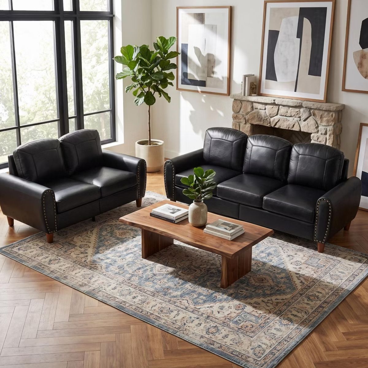 Faux Leather Sofa Set with Sofa & Loveseat, Rolled Arms and Nailhead Trim