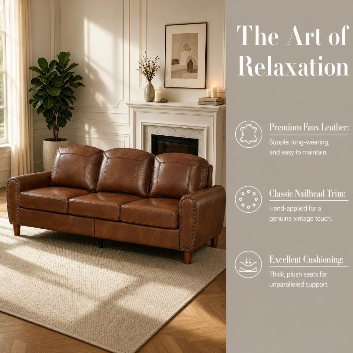 81.5-Inch Mid-Century Faux Leather Sofa with Rolled Arms, 900-Lb Capacity