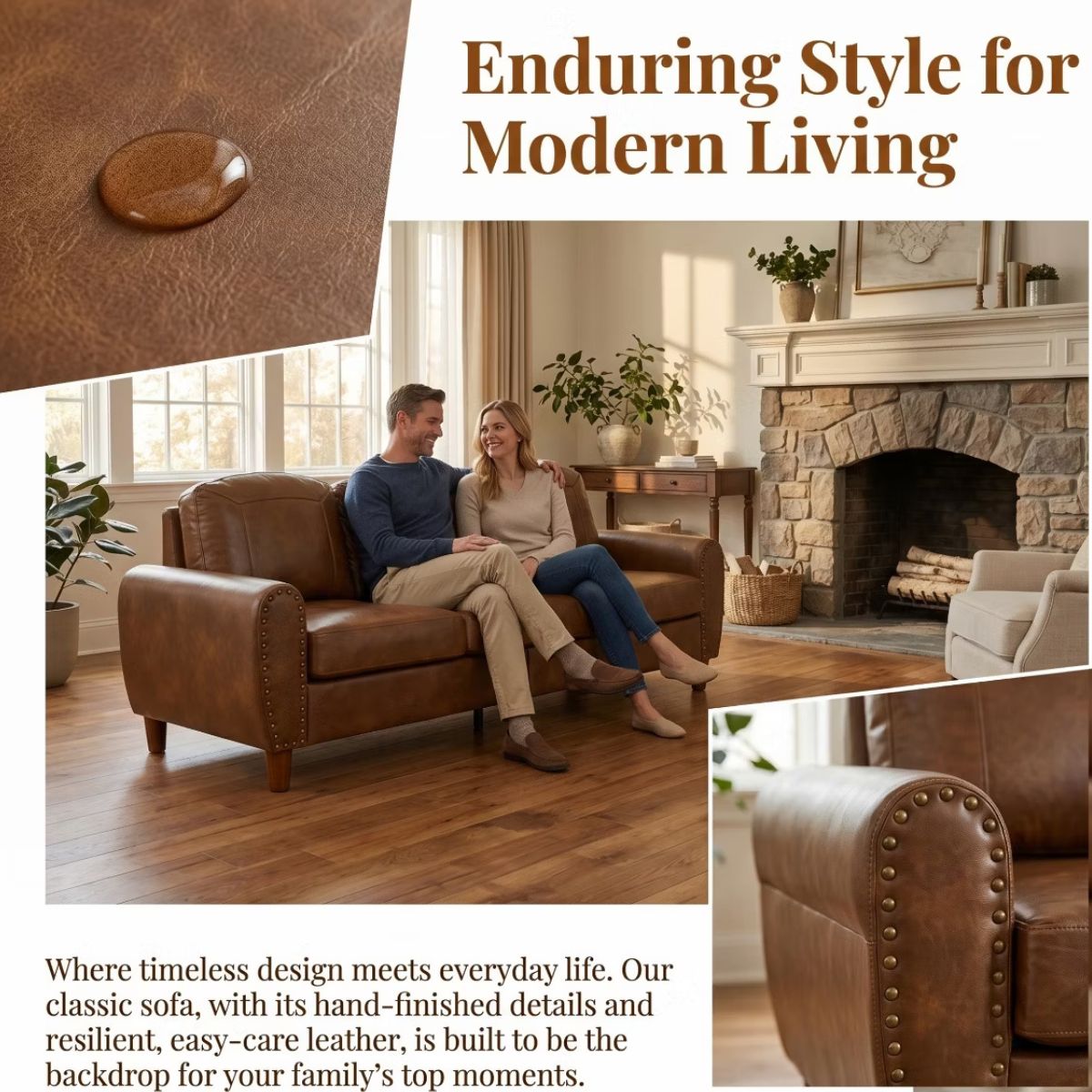 81.5-Inch Mid-Century Faux Leather Sofa with Rolled Arms, 900-Lb Capacity