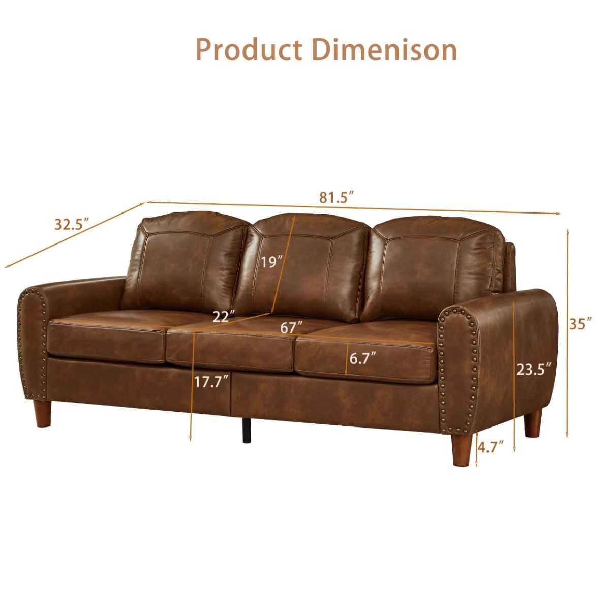 81.5-Inch Mid-Century Faux Leather Sofa with Rolled Arms, 900-Lb Capacity