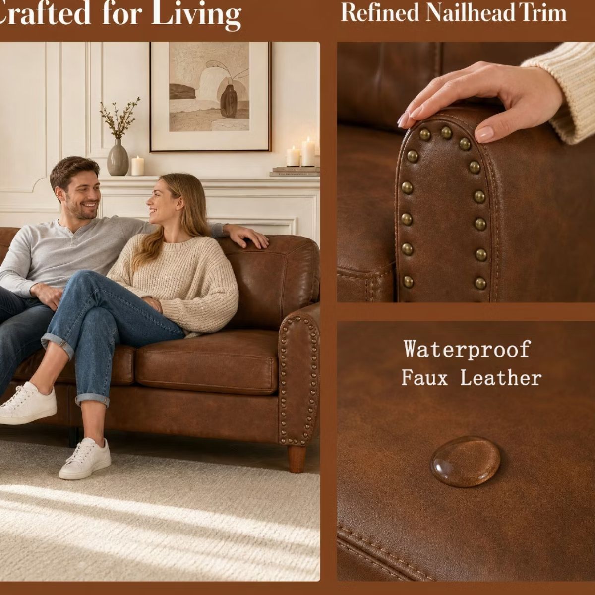 81.5-Inch Mid-Century Faux Leather Sofa with Rolled Arms, 900-Lb Capacity