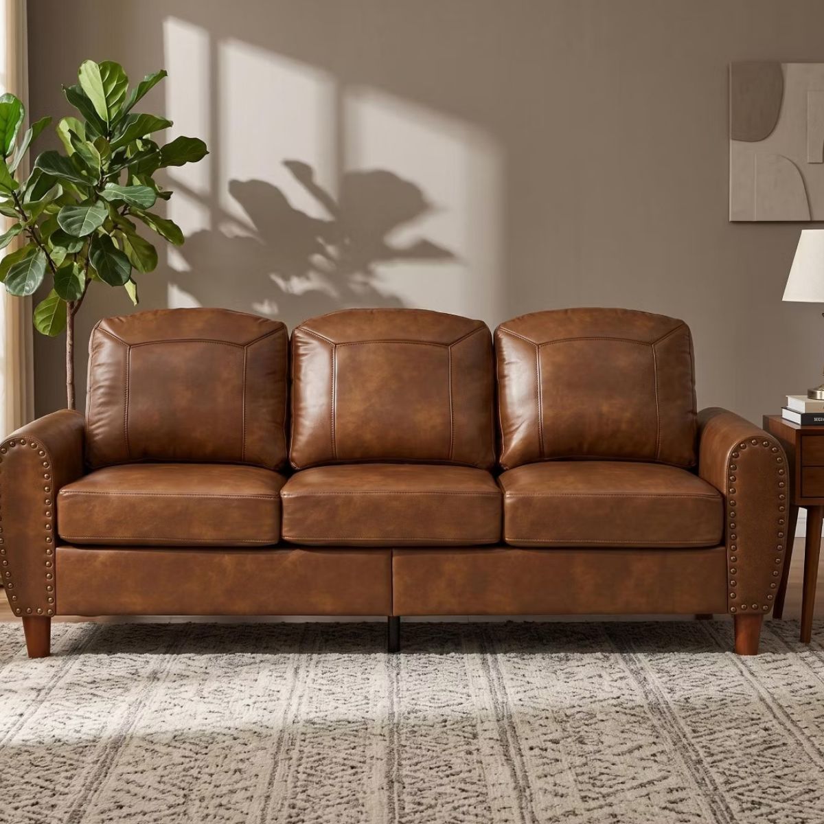 81.5-Inch Mid-Century Faux Leather Sofa with Rolled Arms, 900-Lb Capacity