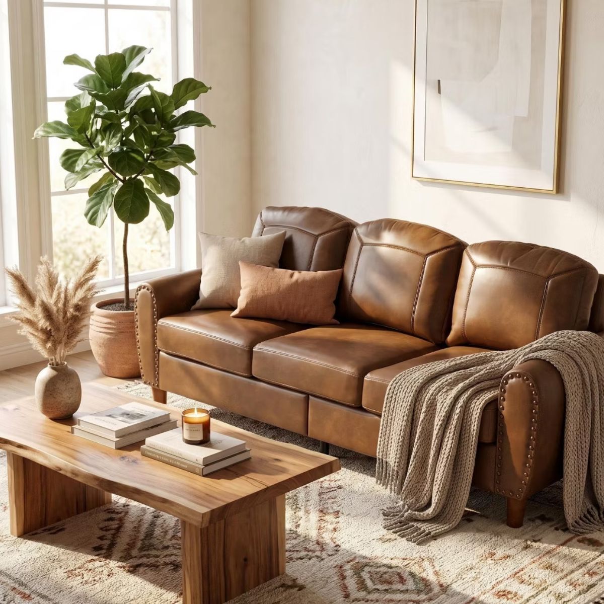 81.5-Inch Mid-Century Faux Leather Sofa with Rolled Arms, 900-Lb Capacity