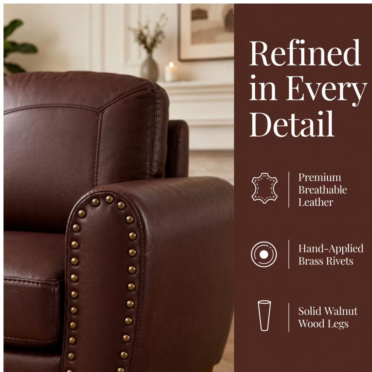 81.5-Inch Mid-Century Faux Leather Sofa with Rolled Arms, 900-Lb Capacity