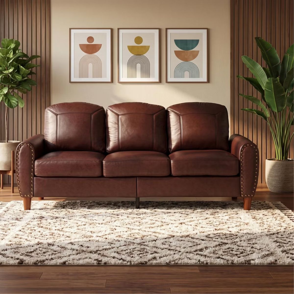 81.5-Inch Mid-Century Faux Leather Sofa with Rolled Arms, 900-Lb Capacity