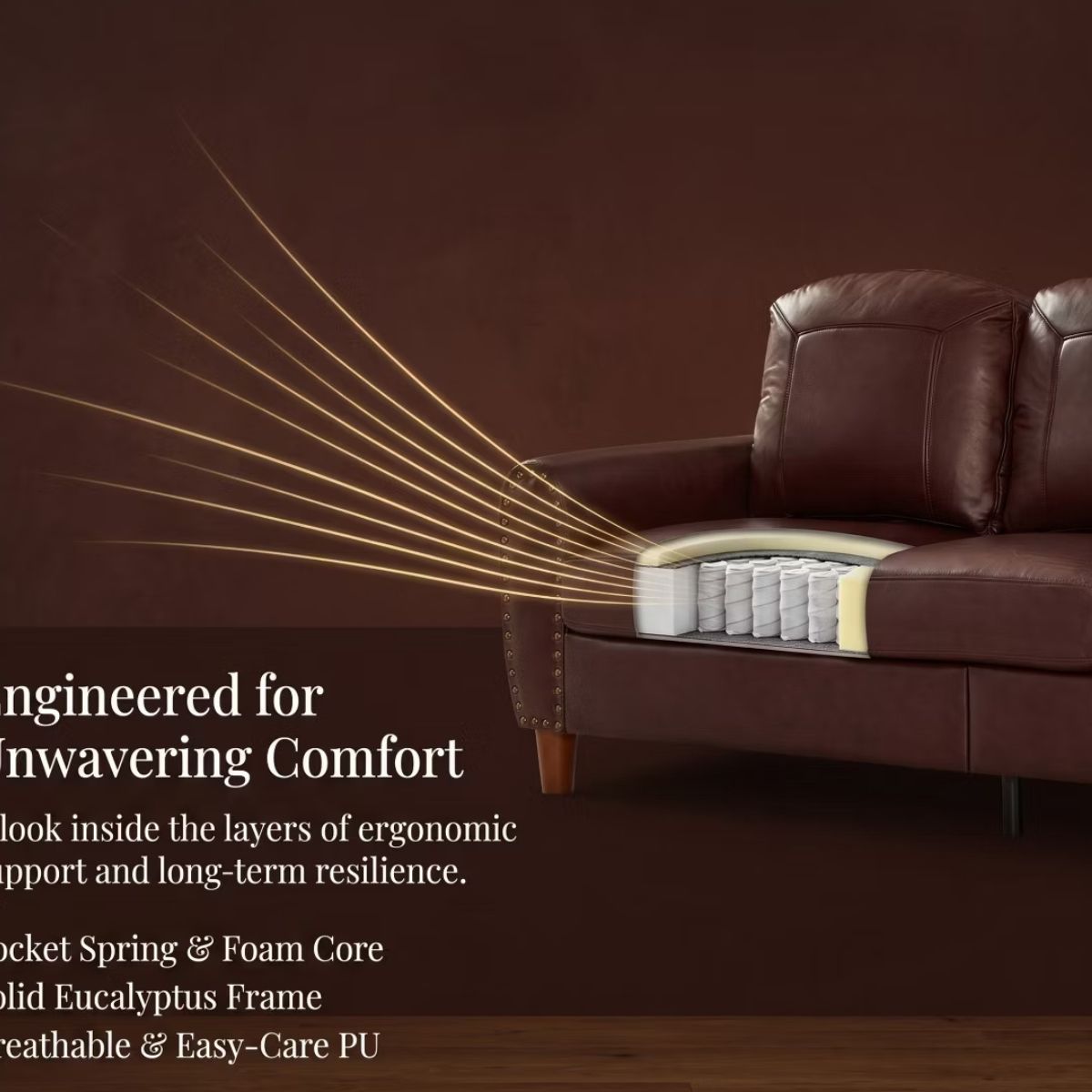 81.5-Inch Mid-Century Faux Leather Sofa with Rolled Arms, 900-Lb Capacity